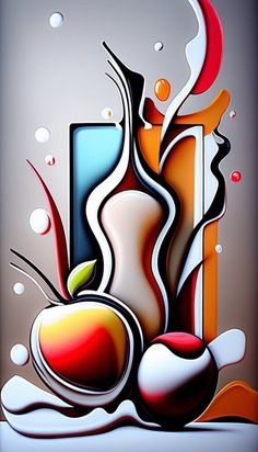 an abstract painting with white, orange and red colors on it's surface is shown