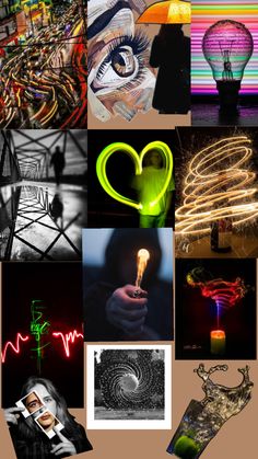 the collage shows many different things in black and white, such as neon lights