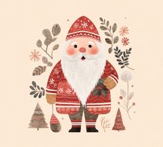 a christmas card with a santa clause holding a bag and some trees in the background