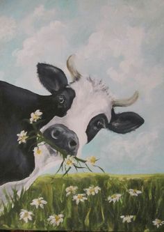 a painting of a black and white cow with daisies in it's mouth