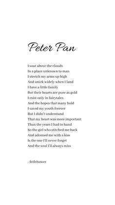 the poem peter pan is written in black and white with an image of a cat on it