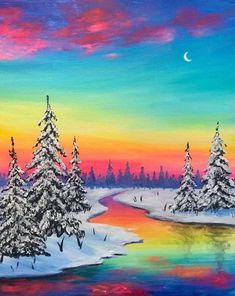 a painting of snow covered trees in front of a sunset