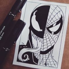 a pen and ink drawing of a spider - man with his face drawn on paper