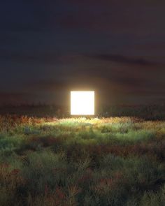 an open door in the middle of a field at night