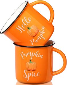 two orange pumpkin mugs with the words hello pumpkin spice written on them and one has a white lid