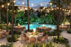 an outdoor dining area with tables, chairs and lights strung from palm trees in front of a swimming pool