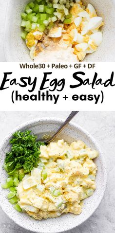 an egg salad in a bowl with the words easy egg salad healthy and easy on it