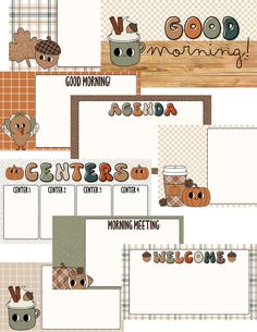 a set of scrapbook pages with pumpkins, coffee cups and the words good morning