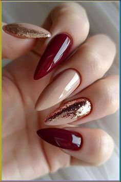 Red Beige Nails, Beige Nails Ideas, Nail Autumn, Wine Nails, November Nails, Gold Glitter Nails, Green Nail Designs, Cute Nails For Fall, Beige Nails