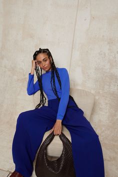 Ocean Waste, Blue Bodysuit, Monochrome Outfit, Office Outfit, Silk Trousers, Blue Outfit, Outfit Idea, Blue Fabric, Street Style Women