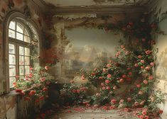 an old room with roses on the wall and a large painting in the window sill