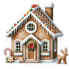 a gingerbread house decorated with candy canes and christmas decorations on the front door