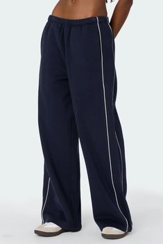 Autumn Sweatpants Sporty Straight Leg Bottoms With Ribbed Waistband, Navy Athleisure Bottoms With Ribbed Waistband, Sporty Wide-leg Pull-on Bottoms, Sporty Wide Leg Cotton Bottoms, Sporty Wide-leg Bottoms With Pull-on Style, Sporty Navy Bottoms With Ribbed Waistband, Sporty Cotton Straight Pants, Sporty Cotton Wide-leg Bottoms, Sporty Cotton Wide-leg Pants