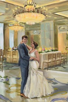 a painting of a bride and groom dancing at their wedding reception in an elegant ballroom