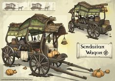 an old fashioned wagon with pumpkins and other items