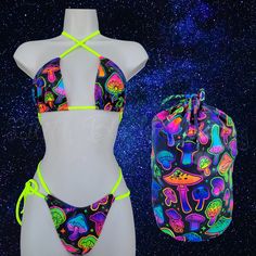 This cute Glow in the dark rave psychedelic trippy neon mushroom drawstring money bag is perfect for work. Collect all of your tips and store in this adjustable drawstring money bag. Glows in the blacklight which makes it easier to see in the dark under the bar lights. Perfect for exotic dancer, stripper, bartenders, or ravers for your next music festival. THIS BAG CAN BE PURCHASE BY ITSELF OR WITH A THONG BIKINI SET.  For more designs CLICK HERE: https://www.etsy.com/listing/1249410294/rainbow- Neon Mushroom, Tarot Shop, Trippy Clothes, Neon Rave, Bar Lights, Rave Tops, Rave Fits, Rave Edm, Kandi Ideas