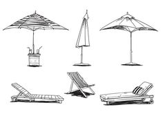 an image of lounge chairs and umbrellas drawn by hand on white background stock illustration