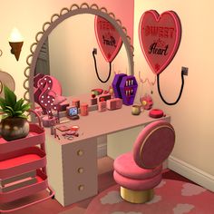 a desk with a mirror, chair and other items on it in a room that has pink walls