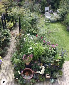 a garden with lots of flowers and plants on the side of the yard, next to a deck