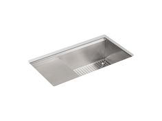 a stainless steel kitchen sink under a faucet on a white background with an overhead drain