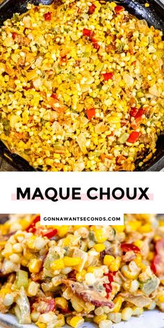 a close up of a plate of food with the words maque chox above it