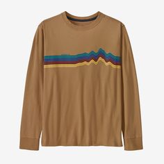 A long-sleeved kids’ tee made of 100% Regenerative Organic Certified® cotton jersey for everyday wear. | Patagonia Kids' Long-Sleeved Regenerative Organic Certified® Cotton Ridge Rise Stripe T-Shirt in Grayling Brown, Large - Kids' Shirts & Tops Outdoor Long Sleeve Cotton T-shirt, Patagonia Long Sleeve Tops For Outdoor, Patagonia Long Sleeve Cotton Tops, Casual Cotton Patagonia Tops, Casual Patagonia Tops With Graphic Print, Casual Long Sleeve Organic Cotton T-shirt, 50% Logo, Patagonia Kids, Stripe T Shirt