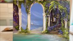 a painting of an archway with flowers on the outside and water in the inside is blue