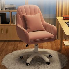 a pink office chair sitting on top of a white rug in front of a window