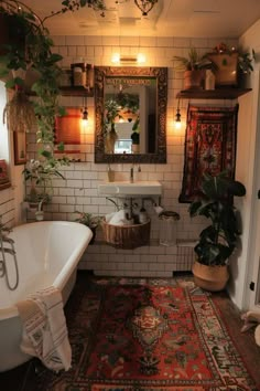 a bathroom with a rug, sink and bathtub