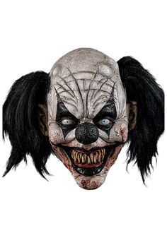 a creepy clown mask with black hair and teeth