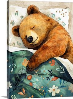 a painting of a brown bear sleeping on a bed with flowers and leaves around it