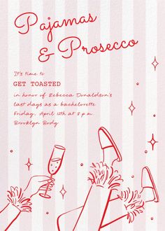 Pajamas and Prosecco - Bachelorette Party Invitation | Send online instantly | RSVP tracking Spa Day Invite, Pjs And Prosecco Nye Party, Champagne Problems Bachelorette Party, Prosecco And Pajamas, Pj Bridal Shower Ideas, Petals And Prosecco Bachelorette Theme, Pajamas And Prosecco Bachelorette, Pajamas And Prosecco Party, Pjs And Prosecco Party