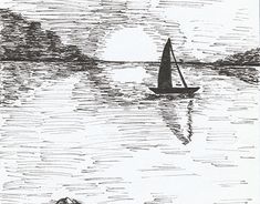 a black and white drawing of a sailboat on the water