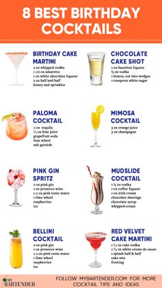 Birthday Cocktails Drinks For 18th Birthday Party, Birthday Drink Recipes Alcoholic, 25th Birthday Cocktails, First Drink 21st Birthday, Drinks For 21st Birthday Alcohol, Easy Birthday Cocktails, Best Birthday Cocktails, 21 Birthday Cocktails, 18th Birthday Cocktails