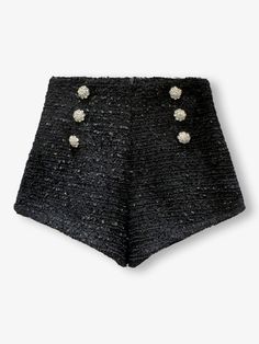 Introducing the cabo shorts, cut from bright silk tweed. Featuring double-breasted design with rhinestone buttons, it boasts a chic silhouette, sculpting and shaping to enhance your hourglass figure. Chic Black Tweed Bottoms, Elegant Shorts With Buttons, Chic Sequined Short Bottoms, Elegant High Waist Shorts With Button Closure, Elegant High-waisted Shorts With Button Closure, Elegant Short Bottoms With Button Closure, Chic Fitted Shorts With Button Closure, Chic Tweed Shorts, Fitted High-waisted Shorts For Evening