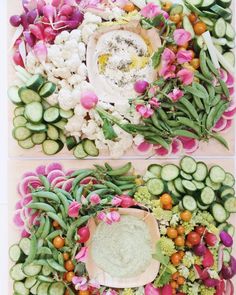 two pictures with different vegetables and dip in them