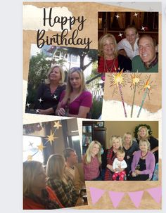 this is a collage of photos with people and fireworks in the air, on top of a birthday card