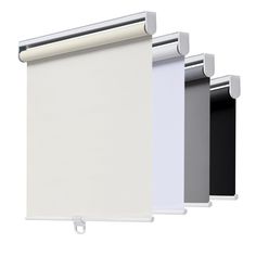 three different colors of roller shades on a white background, one black and the other grey