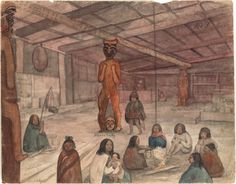 an old drawing of people and animals in a building