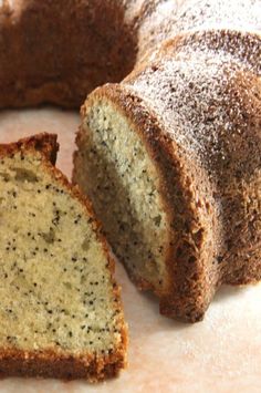 a sliced loaf of cake sitting on top of a counter