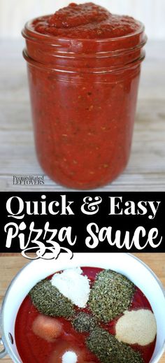 quick and easy pizza sauce in a jar with the title overlay that reads quick and easy pizza sauce