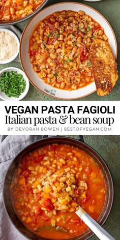 two pictures with different types of pasta in them and the words vegan pasta fagioi italian pasta & bean soup