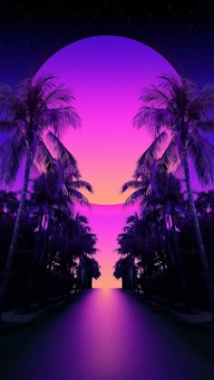 an image of palm trees on the beach at night with purple and pink hues