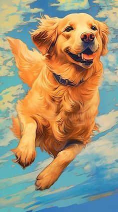 a painting of a golden retriever swimming in the water