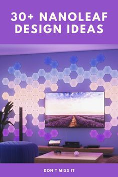 a living room with purple walls and hexagonal tiles on the wall, in front of a flat screen tv