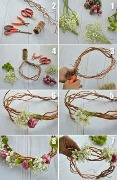 the steps to make a flower crown with flowers and twine on top of it