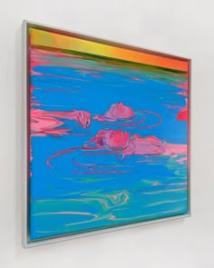 a painting hanging on the side of a white wall next to a blue and pink background