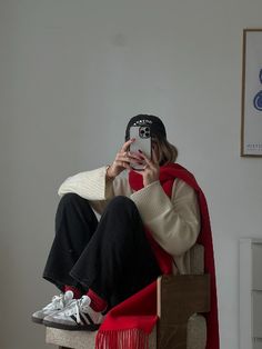 Arket knit, Arket red scard, Adidas sambas, Arket red socks, Arket jeans, Rotate black cap, Adidas Sambas sneakers Cream knit jumper, black wide leg jeans, red scarf, black cap, red socks, sambas, London girl, Autumn outfit inspo Red Accessories Outfit, Red Jumper Outfit, Red Sox Outfit, Red Scarf Outfit, Red Sneakers Outfit, Cap Adidas, Scarf Outfit Winter, Cream Outfit, Black Wide Leg Jeans