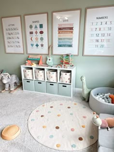 a baby's room with posters and toys on the wall, including an elephant rug