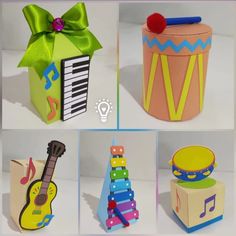 four different types of musical instruments made out of cardboard boxes with ribbons and bows on them